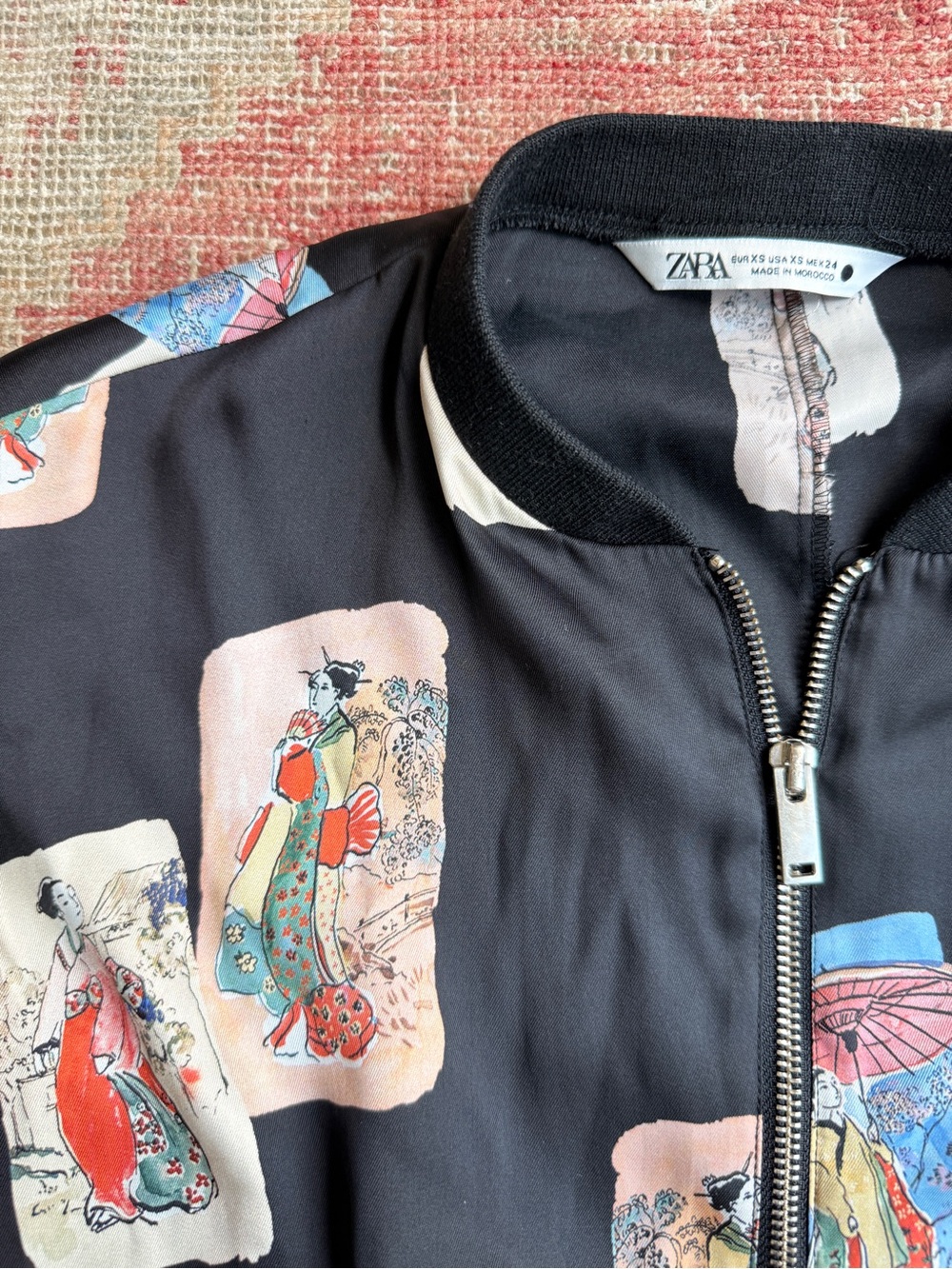 Zara Black Bomber Jacket with Pink and Blue Graphic Panels